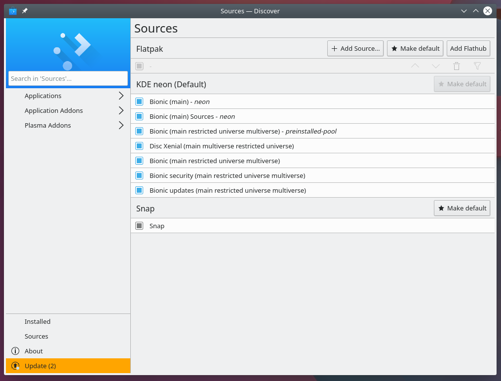 KDE Plasma 5.15 Discover Источники приложений