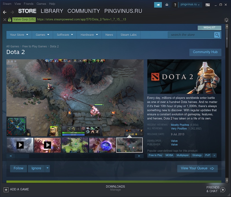 Страница игры Dota 2 в Steam для Linux