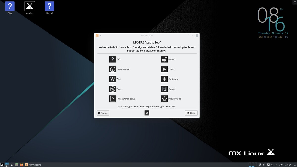 MX Linux 19.3 KDE: Приложение Welcome