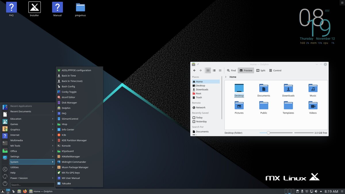 MX Linux 19.3 KDE: Главное меню и файловый менеджер