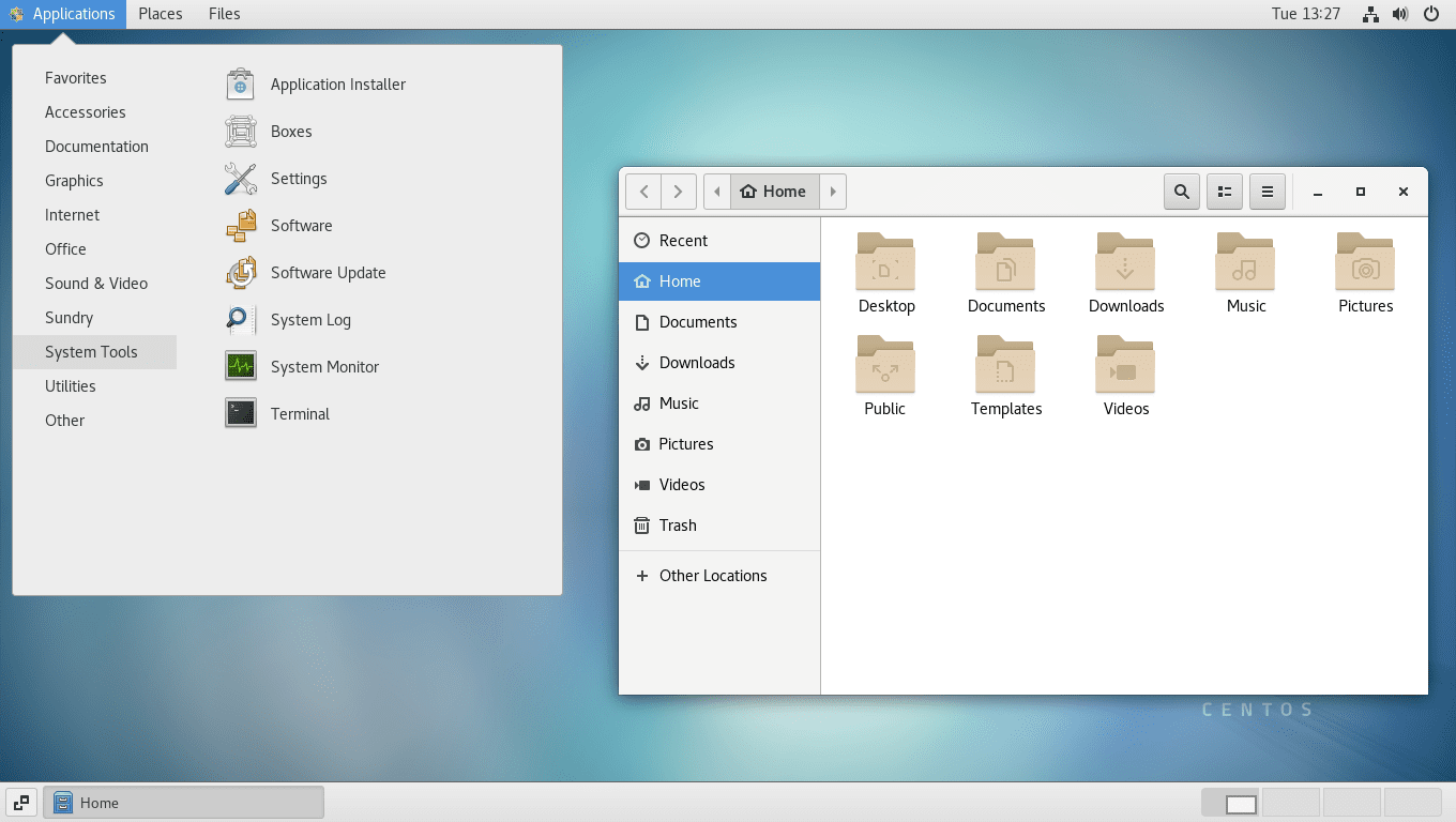 CentOS 7.9: Главное меню и файловый менеджер