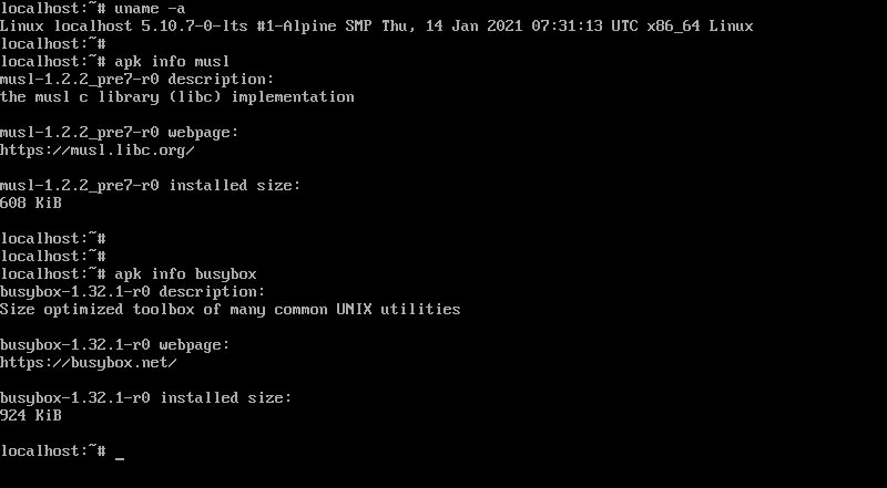 Версия ядра Linux, musl и BusyBox в Alpine Linux 3.13
