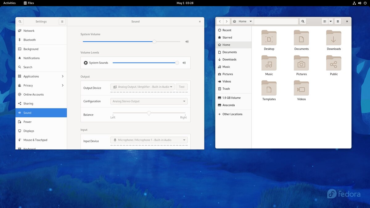 Fedora 34. GNOME 40. Файловый менеджер и Параметры системы