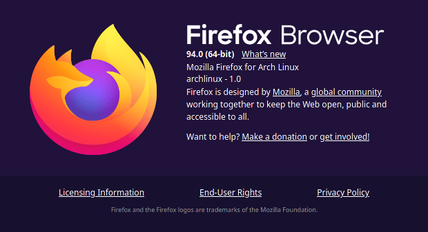 Firefox 94. Окно О программе