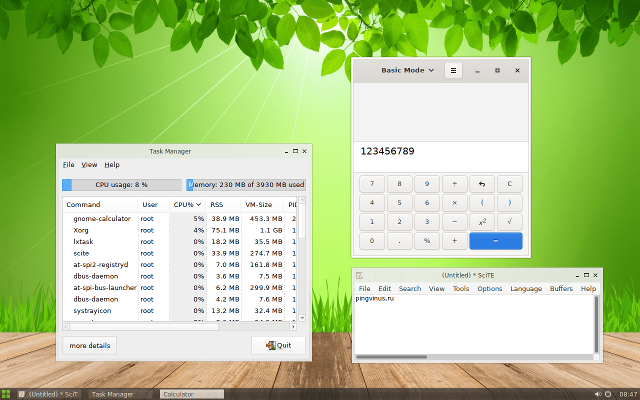 Slax 11.2. GNOME Calculator. Scite. Task Manager