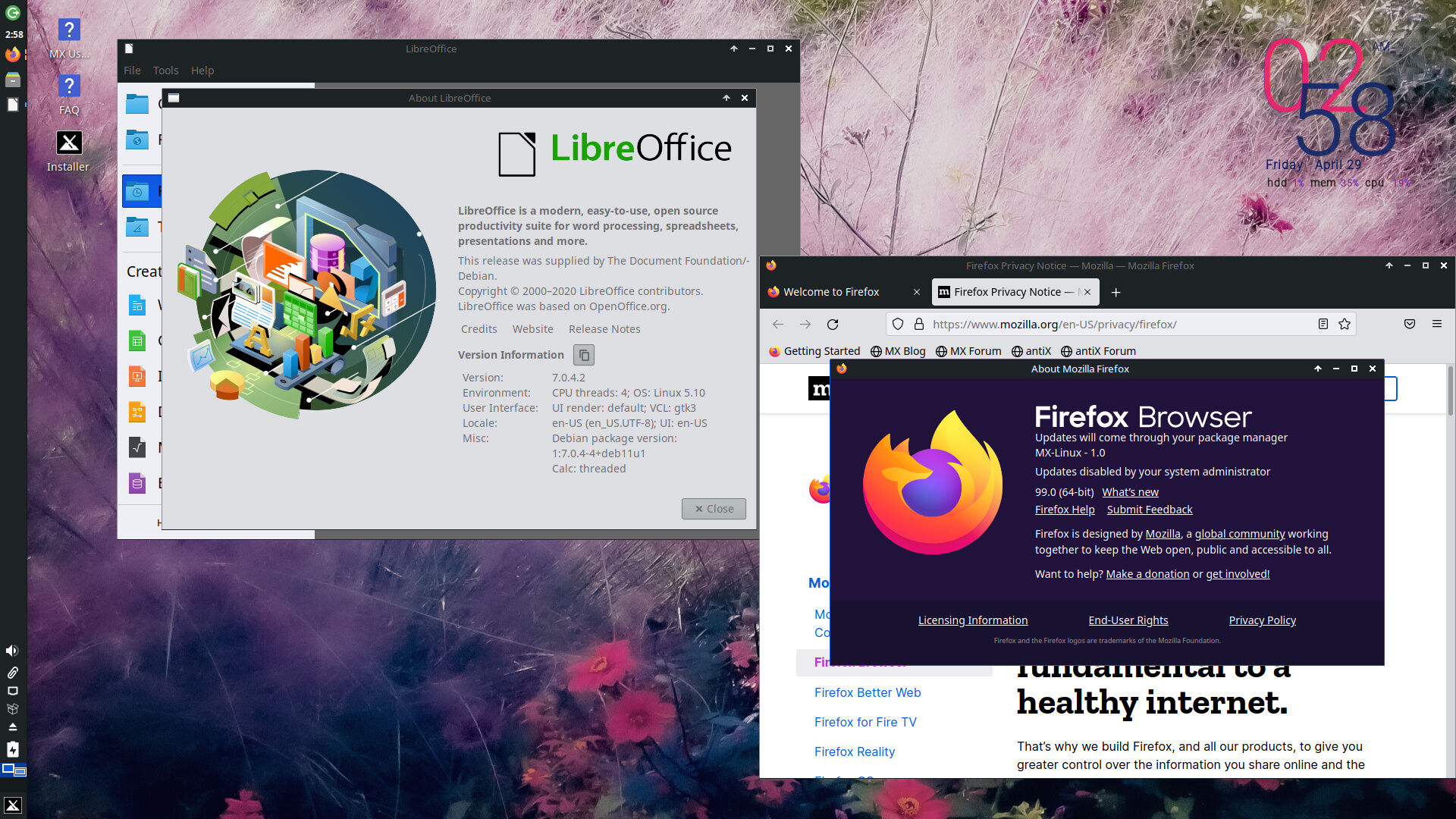 MX Linux 21.1. LibreOffice. Firefox