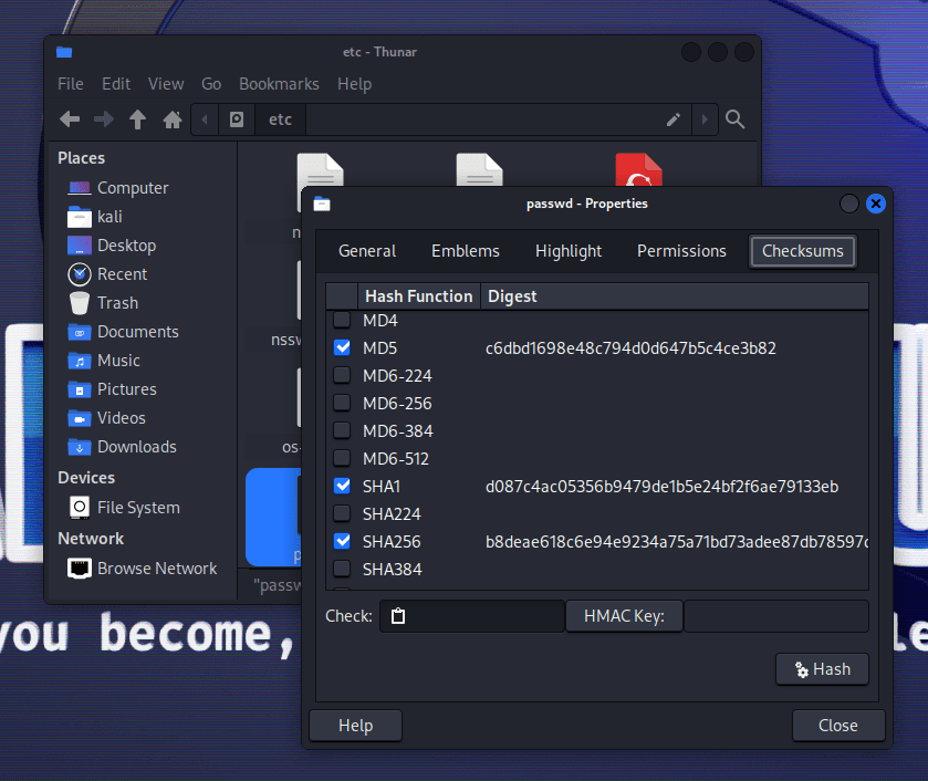 Kali Linux 2023.2 Xfce - файловый менеджер Thunar с расширением GtkHash