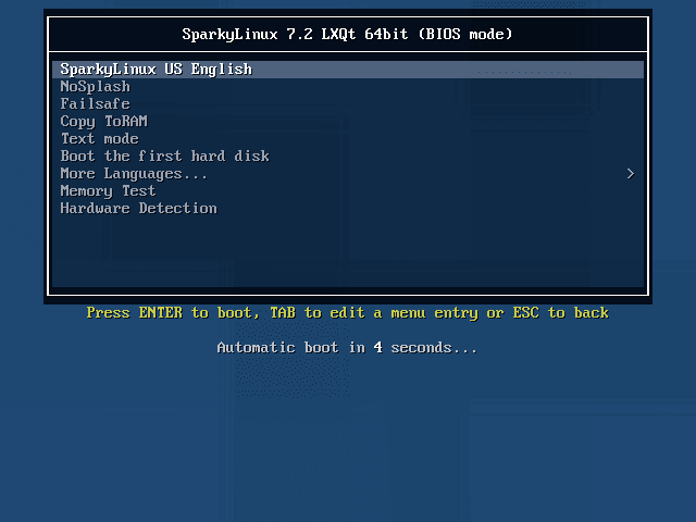 Sparky Linux 7.2. Загрузочное меню ISO образа