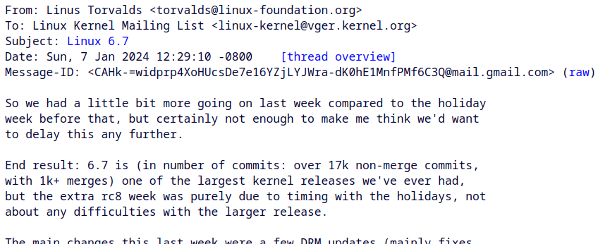 Письмо Линуса Торвальдса с анонсом нового ядра Linux 6.7