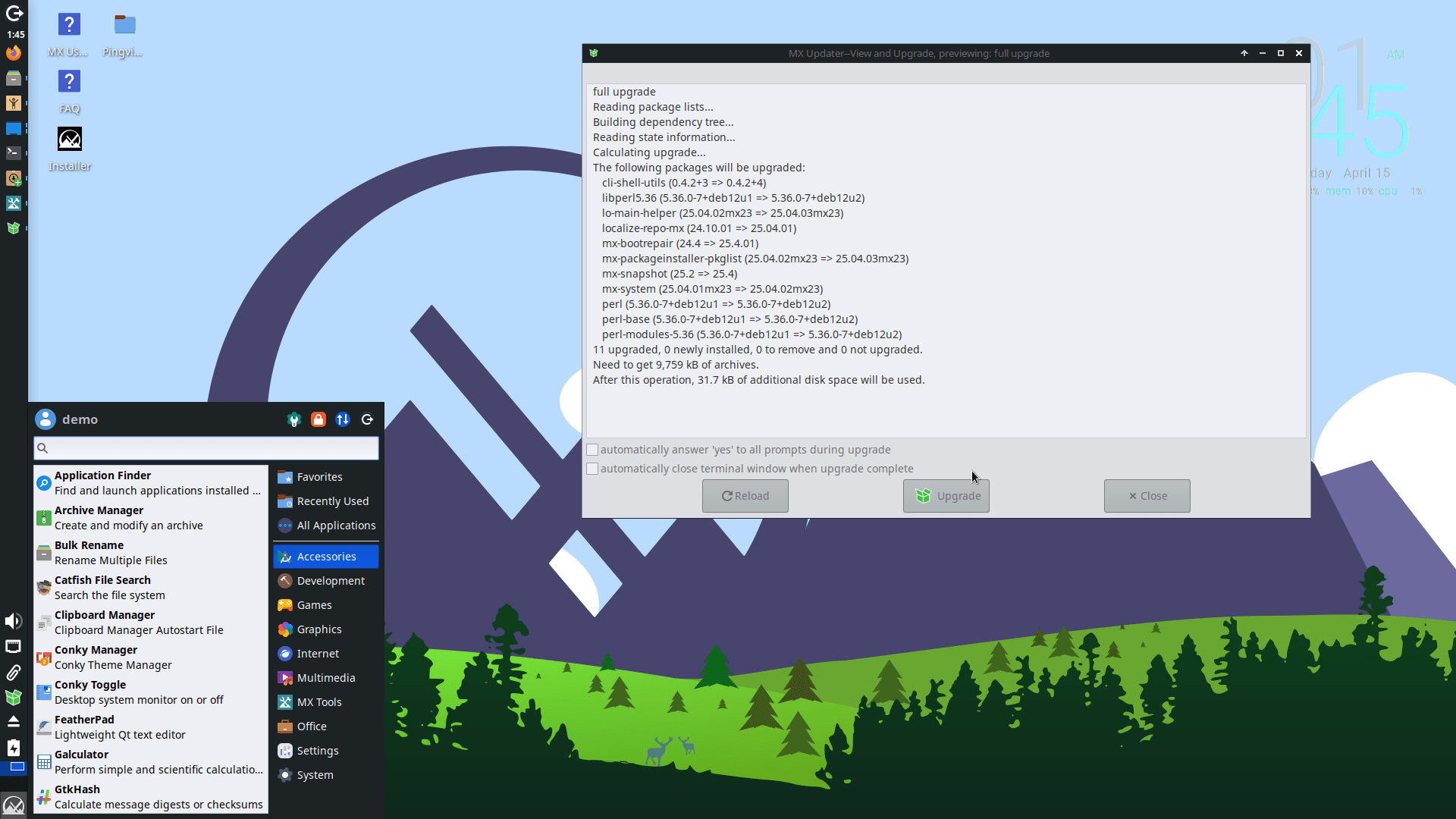 Главное меню рабочего стола и утилита MX Updater