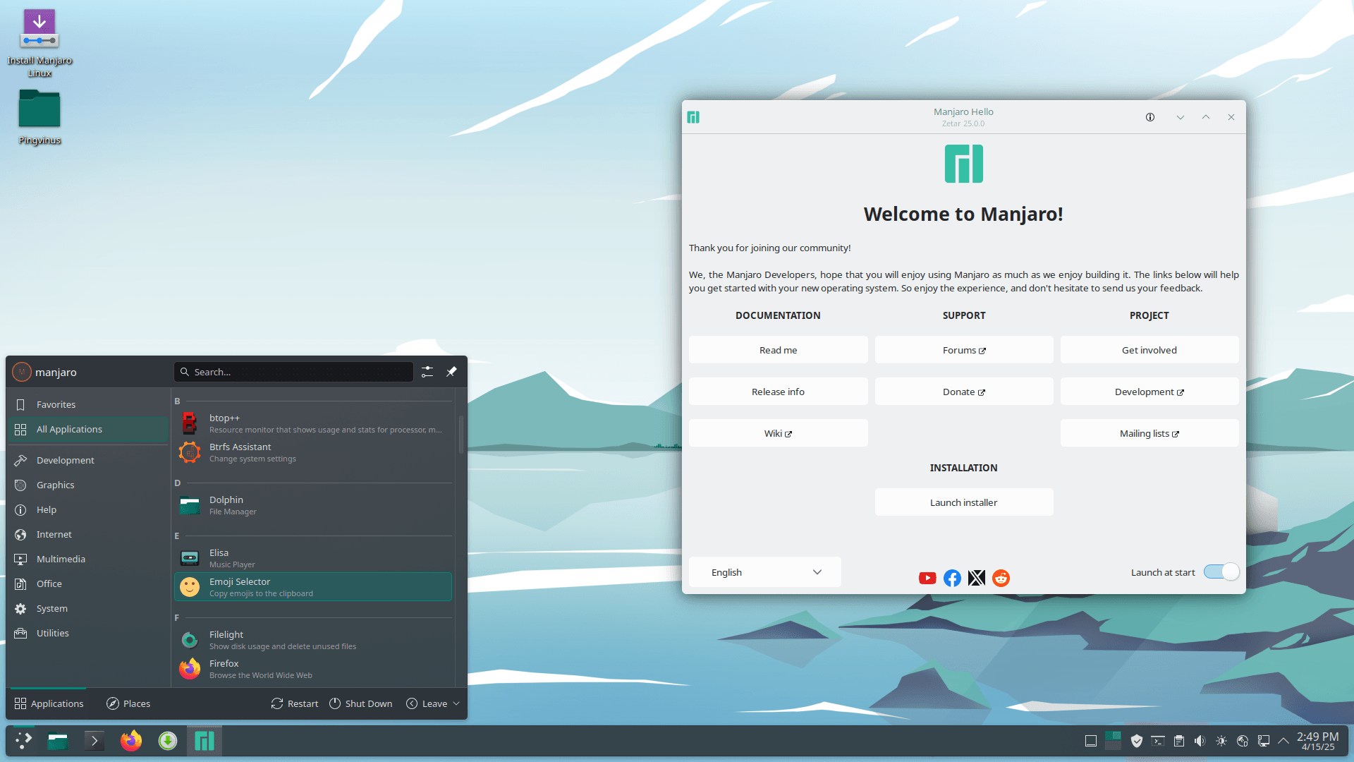 Manjaro 25. KDE Plasma 6.3.4. Главное меню и утилита Hello