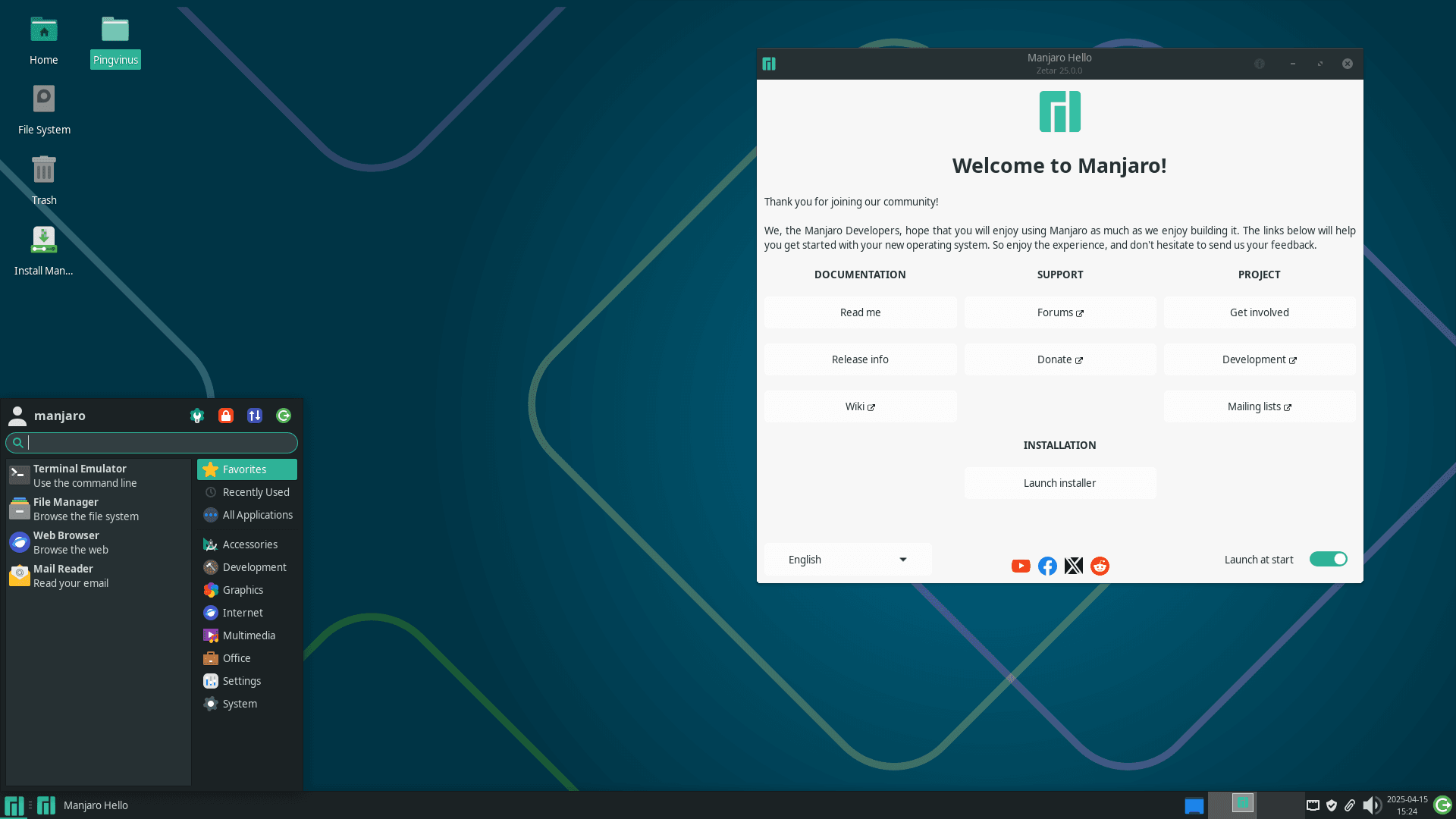 Manjaro 25. Xfce 4.20. Главное меню и Утилита Hello