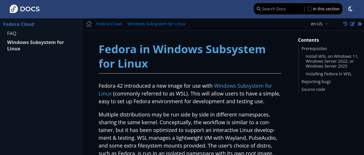 Страница Fedora in Windows Subsystem for Linux на сайте проекта.