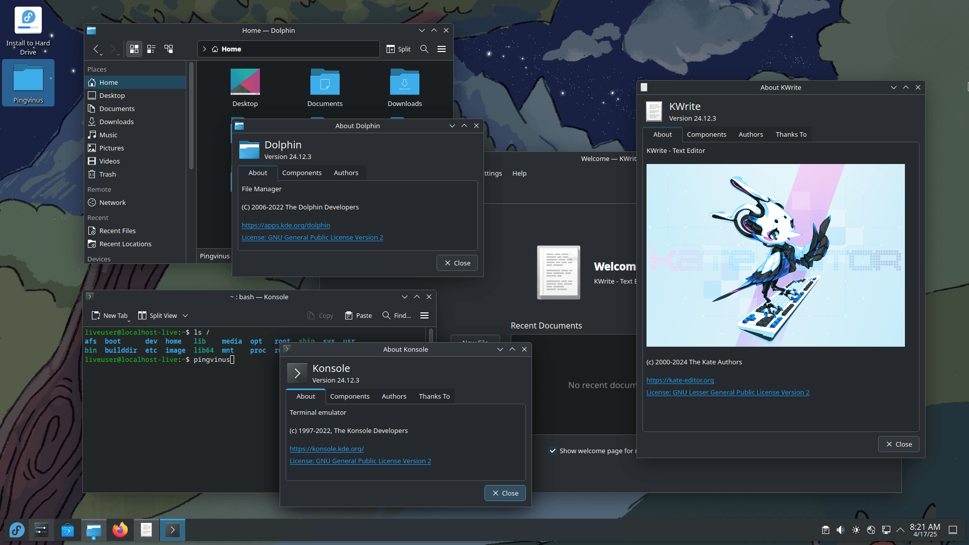 Fedora 42. KDE Plasma. Темная тема оформления.