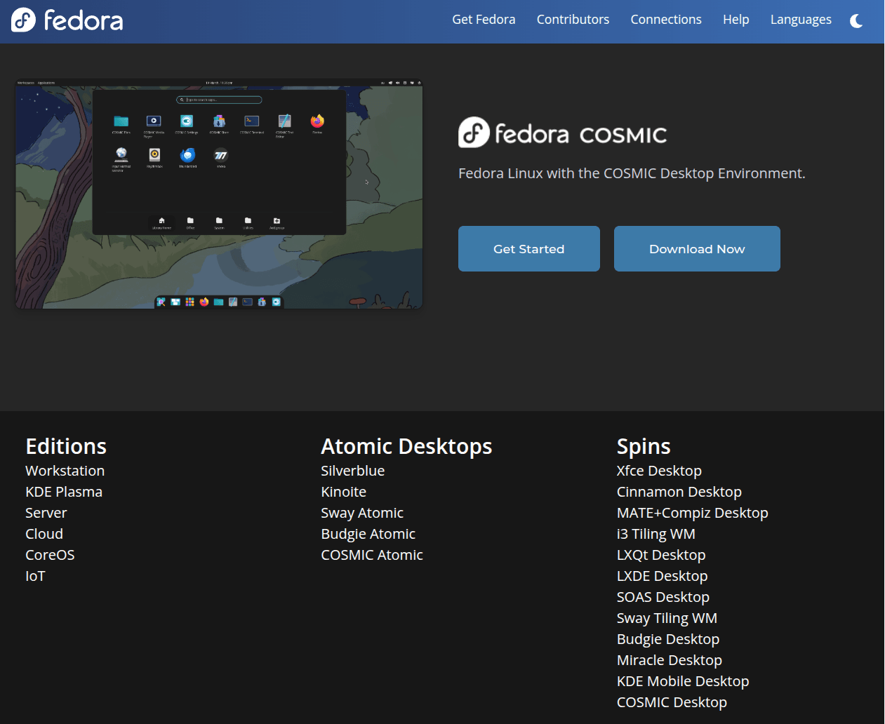 Страница Fedora Spins. Новая редакция COSMIC.