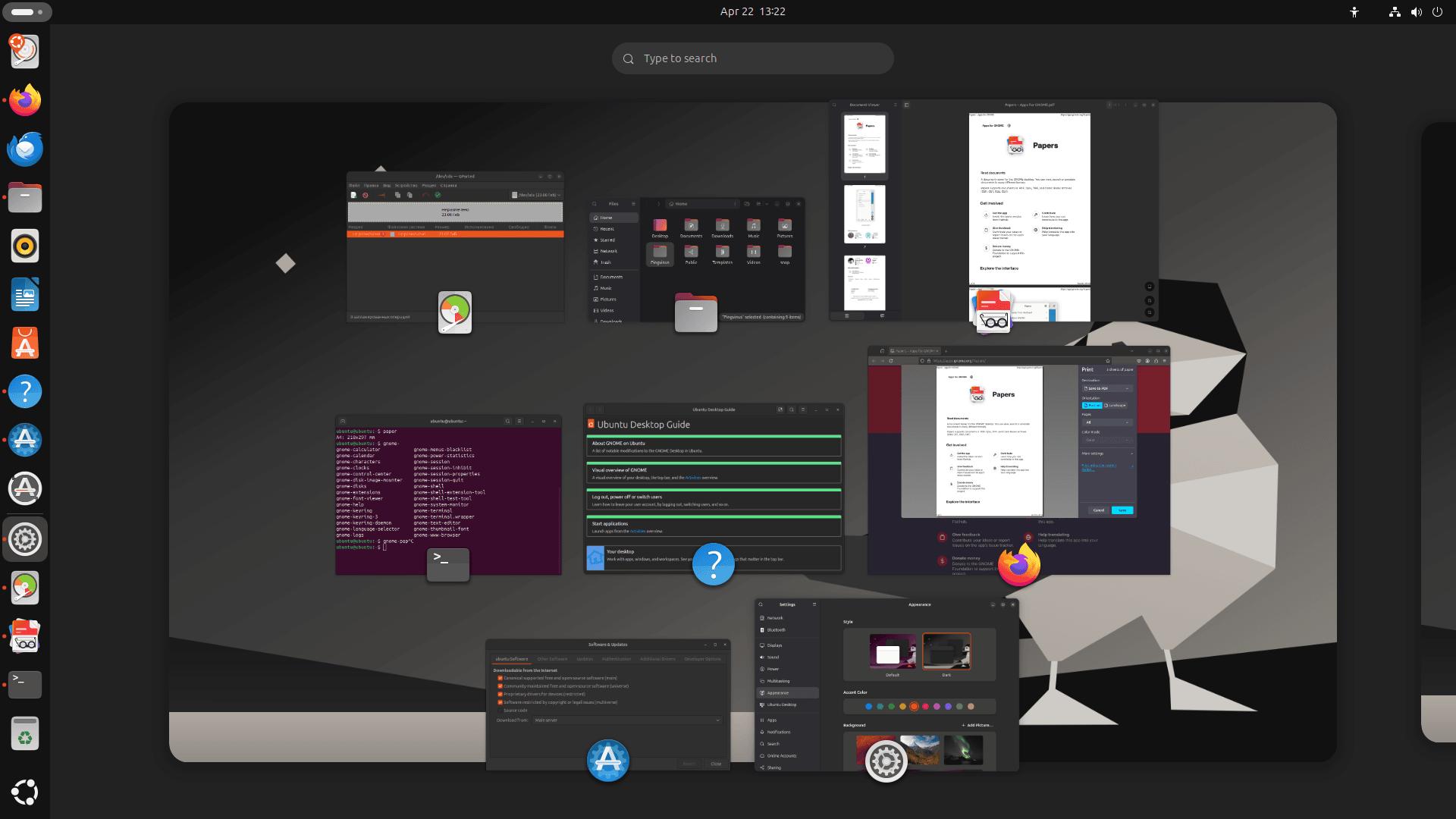 Ubuntu 25.04. GNOME 48. Обзорный режим. Темная тема оформления