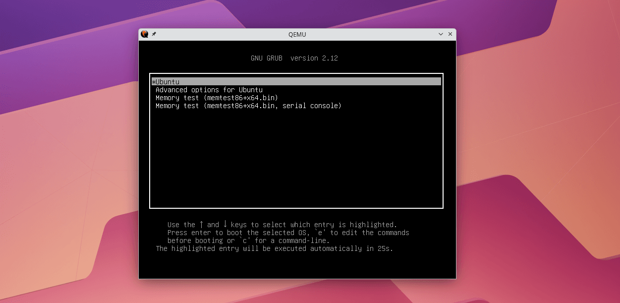 Загрузочное меню GRUB в QEMU
