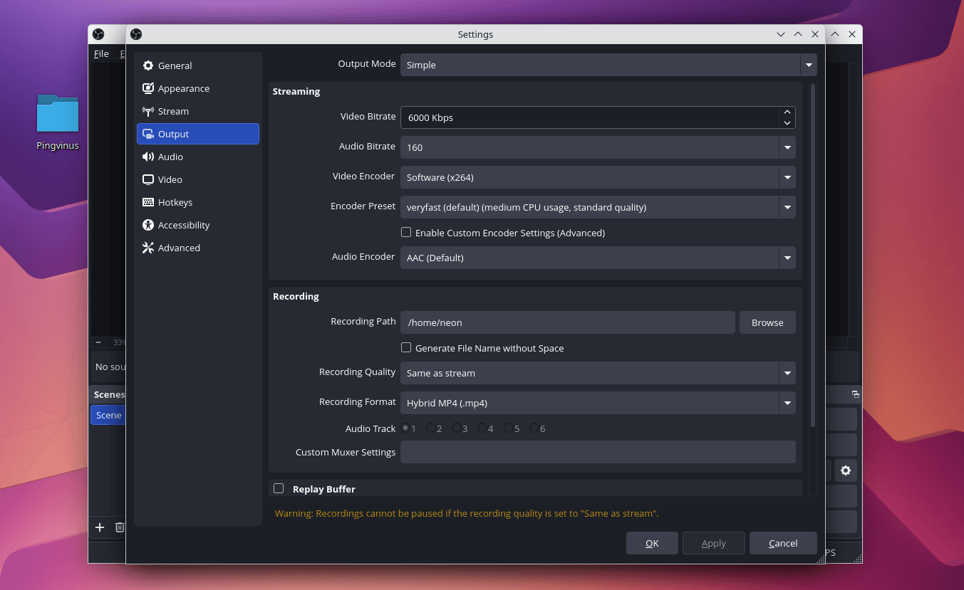 Диалог настроек. Вкладка Output