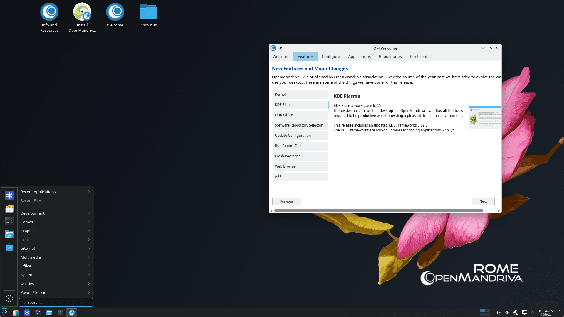 OpenMandriva Lx ROME 26.09. Среда KDE Plasma 6.7.5. Утилита OM Welcome