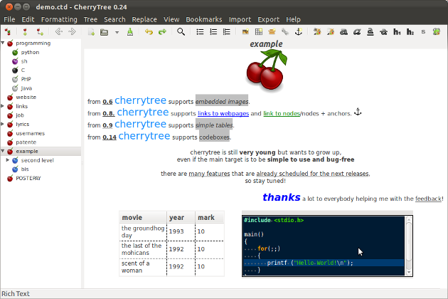 CherryTree Менеджер заметок для Linux