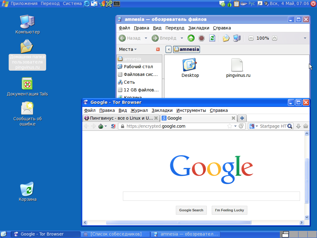 Дистрибутив Tails с темой Windows XP