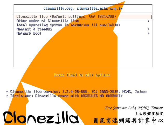 Clonezilla Live  boot загрузочное меню