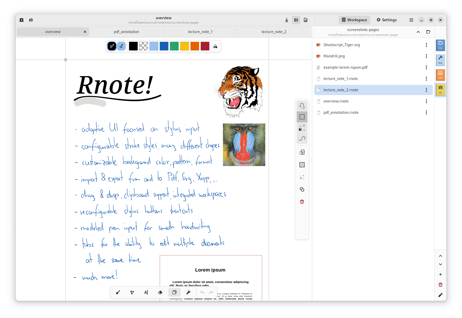 Rnote. Заметка с текстом, изображениями и рукописным вводом