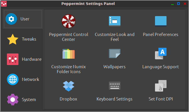 Peppermint 10 Settings Panel