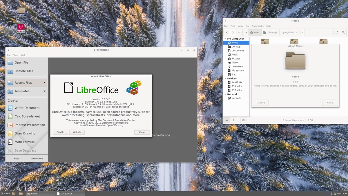 Debian 10.5 Buster: LibreOffice и файловый менеджер Nemo