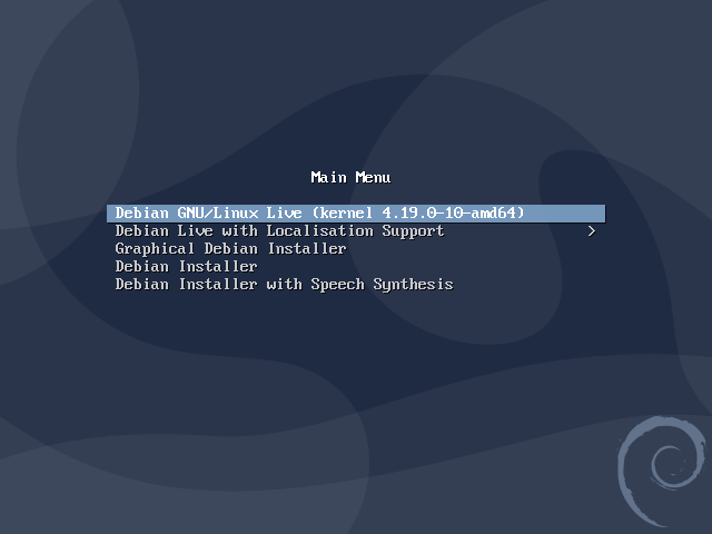 Debian 10.5: Загрузочное меню (Live-образ)