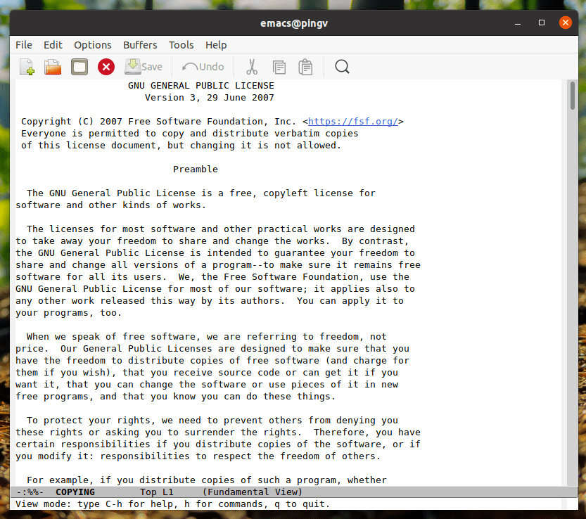 Emacs 27.1: Текстовый файл. Лицензия GPL