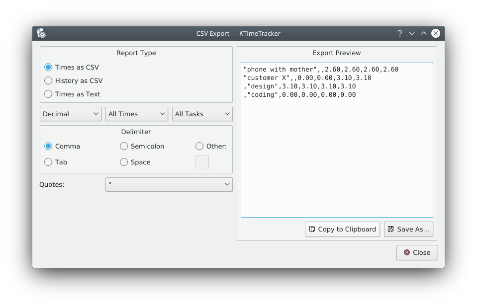 KDE KTimeTracker Экспорт