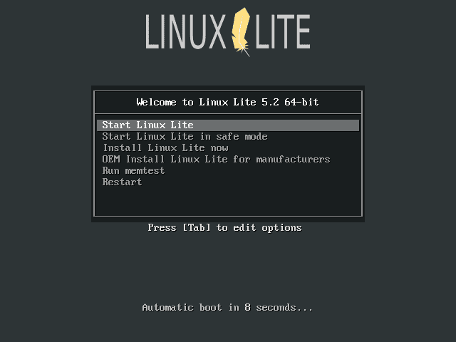 Linux Lite 5.2: Загрузочное меню