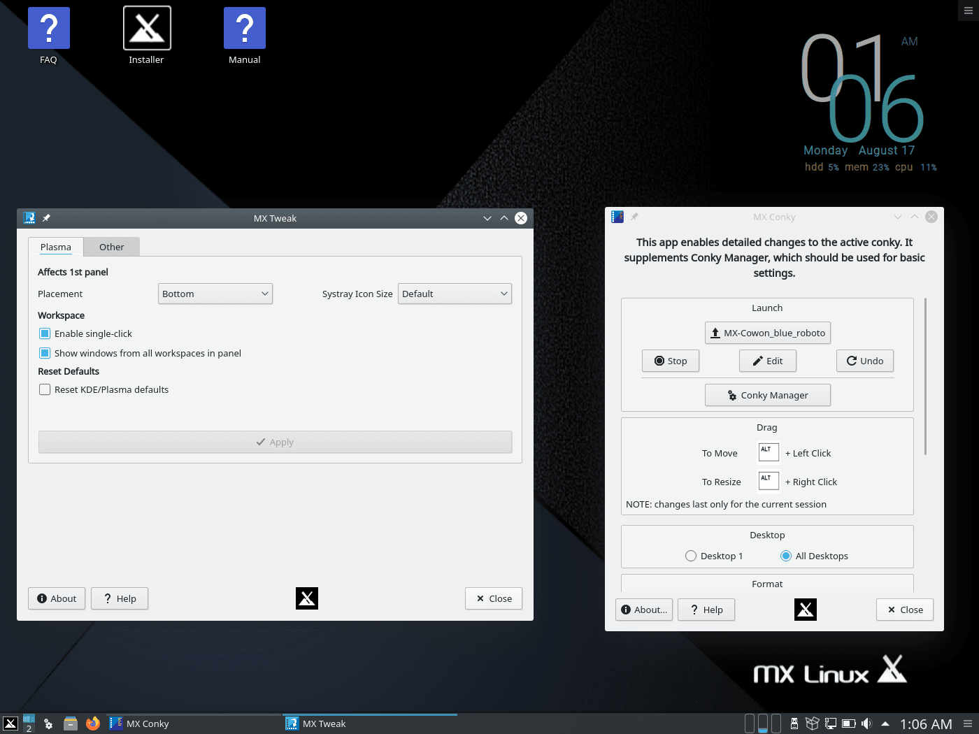 MX Linux 19.2 KDE: MX Tweaks, MX Conky
