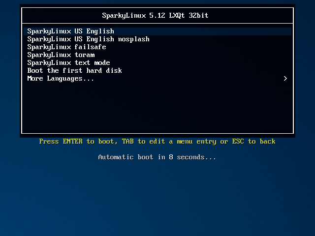 SparkyLinux 5.12: Загрузочное меню Live-режима