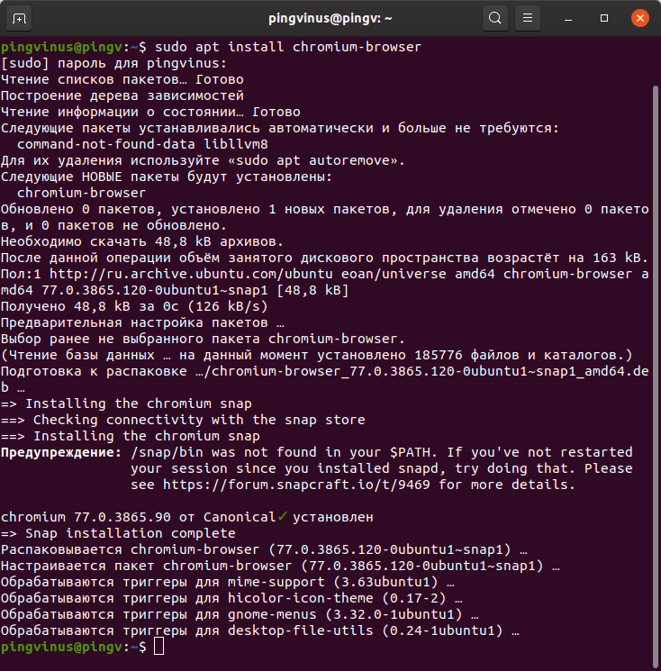 Ubuntu 19.10 Установка браузера Chromium (SNAP-версия)