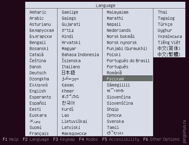 Выбор языка установщика Ubuntu